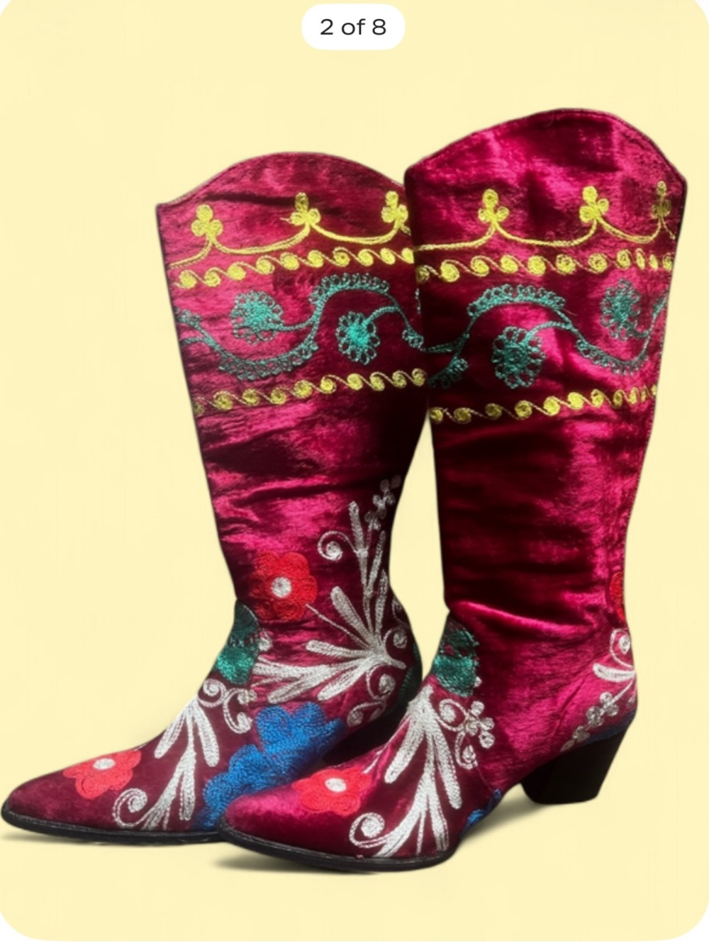 Vintage Artemis Arte Red Velvet Boots Floral Applique Size 39